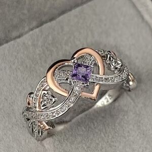 New Delicate Purple Sapphire Women's Heart Two-Tone Ring, bT1B7G